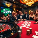 A thrilling casino scene featuring 33win branded betting slips and poker chips in action.
