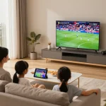 Famille profitant de l'abonnement IPTV dans un salon confortable avec une émission de télévision dynamique.