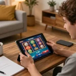 Engaging home gaming scene with MMOO app displayed on a tablet, showcasing user excitement