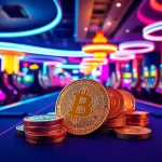 Découvrez un casino crypto en ligne dynamique avec des éléments de jeu et des pièces numériques scintillantes.