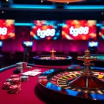 Engage with tg88's luxurious gaming ambiance featuring a roulette wheel and poker elements.