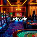 Luckywin casino scene showcasing vibrant slot machines and poker tables in a luxurious setting.
