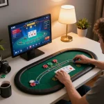 Player engaging with MM88 online casino game on tablet at cozy home desk