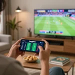 Bettor using MM88 app for sports betting while watching live game in cozy setting.