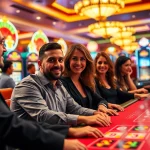Joueurs enthousiastes dans un casino en ligne fiable, entourés de machines à sous attrayantes.