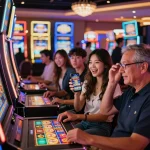 Exciting casino atmosphere with players enjoying 老虎機 games, colorful lights, and celebrations.