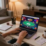 Engaging with the OK365 casino app for poker gameplay at home, showcasing a vibrant gaming experience.