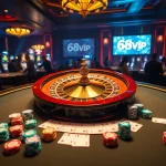 Engage in high-stakes excitement at the casino with the Link Vào Nhà Cái 68VIP displayed amidst vibrant games.