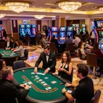 Joueurs engagés à une table de casino vivant l'excitation du casino en ligne argent réel dans une atmosphère vibrante