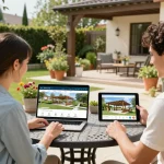 Couple utilisant un configurateur pergola en ligne pour concevoir leur espace extérieur de rêve.