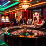 Exciting gambling scene featuring Link Vào Nhà Cái 68VIP with roulette, poker chips, and vibrant casino lights.