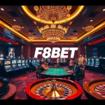 F8BET players enjoying a vibrant casino experience with roulette and poker tables.