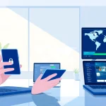 多设备显示的快连 VPN 用户界面，展示专业工作环境中的快速与安全连接。