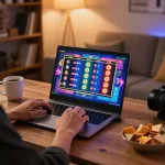 Nohu90 player engaging with an online slot game on a laptop at home, showcasing a cozy gaming environment.