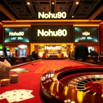 Nohu90 players engaging in an exciting casino game with vibrant poker chips and roulette wheel.