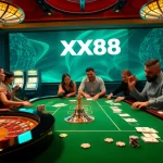 Enthusiastic players enjoying a poker game at a luxurious XX88 casino table.