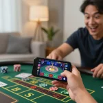Engagement in live dealer roulette on smartphone at home, capturing the thrill of SC88COM gaming