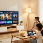 Famille utilisant Atlas Pro ONTV pour regarder des films dans un salon confortable.