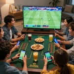 Engaged friends using Atlas pro ontv for live sports betting during an exciting match.
