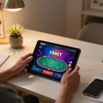 Players enjoying F8BET poker app on a tablet, surrounded by cozy home decor.