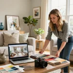 Décoratrice professionnelle Toulouse organisant un salon convivial avec un décor élégant et des échantillons de design 3D.