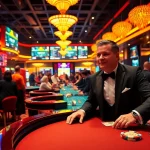 Vibrant casino atmosphere depicting meilleur casino en ligne france with players at poker and roulette tables.