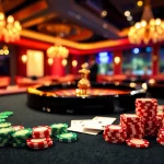 Découvrez un casino en ligne fiable avec des jetons et cartes sur une table à jouer dans une ambiance sophistiquée.