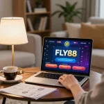 Engaging online gaming experience with fly88 on laptop in a cozy home setting