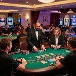 Players enjoying an exciting blackjack game at alo8 casino, vibrant decor enhancing the experience.