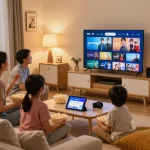 Famille profitant d'une soirée cinéma avec Iron TV Max diffusé sur Smart TV