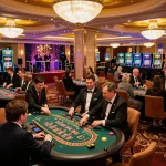 fun88s players engaging in lively New Year celebrations at an upscale casino floor with vibrant decor