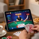 Engaging in YO88I online poker with tablets on cozy setup, depicting strategic gameplay.