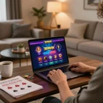 Engaging online gaming scene featuring 789WIN app on laptop with cozy ambiance.