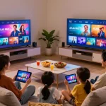 Famille en train de diffuser Atlas Pro IPTV sur plusieurs appareils dans un salon confortable.