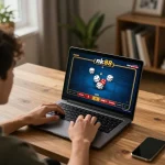 Engaging player immersed in online gaming at nk88 com, showing excitement during a thrilling betting moment.