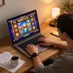 Player engaging in a nổ hũ online slot game with vibrant visuals on laptop, betting strategy notes nearby