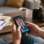 Engaging mobile gaming scene showing hands using the 123B app in a cozy home setting