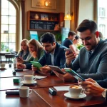 Pari sportif virement instantané avec des parieurs actifs dans un café parisien.