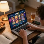 Man88 online gaming session with user engaged on laptop, vibrant game interface, cozy atmosphere.