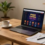 PH22 online casino gaming setup with laptop, coffee, and strategy notes fosters a relaxed atmosphere