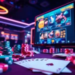 Jouez au casino en ligne sans wager avec des jetons colorés sur une scène moderne.