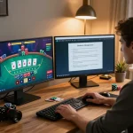 Player engaging in a strategic online blackjack game on bj88bj, surrounded by gaming notes and devices.
