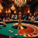 Célébrez un casino en ligne fiable avec des joueurs autour d'une table de roulette animée.