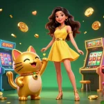 Casinozer offre une scène vibrante avec une joyeuse femme asiatique profitant du jeu au milieu de pièces d'or et de rouleaux de machines à sous.