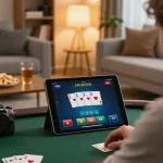 Player enjoying poker on rr88 tablet in cozy living room with snacks and drinks.