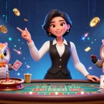 PANGKALANSLOT showcases a vibrant casino scene with an Asian dealer and an owl assistant amidst immersive slot game elements.