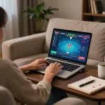 iwin player enjoying an online poker game on a laptop in a cozy home setting with strategy notes.