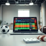 Un professional utilisant un nouveau site de paris sportif sur un ordinateur avec équipements sportifs.
