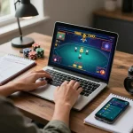 Player engaging in online poker at CM88, surrounded by strategy notes and gaming elements, in a cozy home setup.