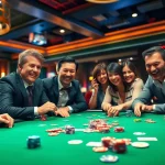 Jouer au casino en ligne argent réel avec des joueurs engagés autour d'une table de poker.